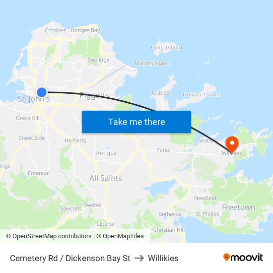 Cemetery Rd / Dickenson Bay St to Willikies map