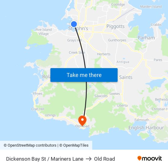 Dickenson Bay St / Mariners Lane to Old Road map