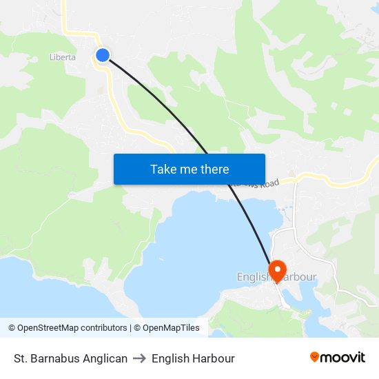 St. Barnabus Anglican to English Harbour map