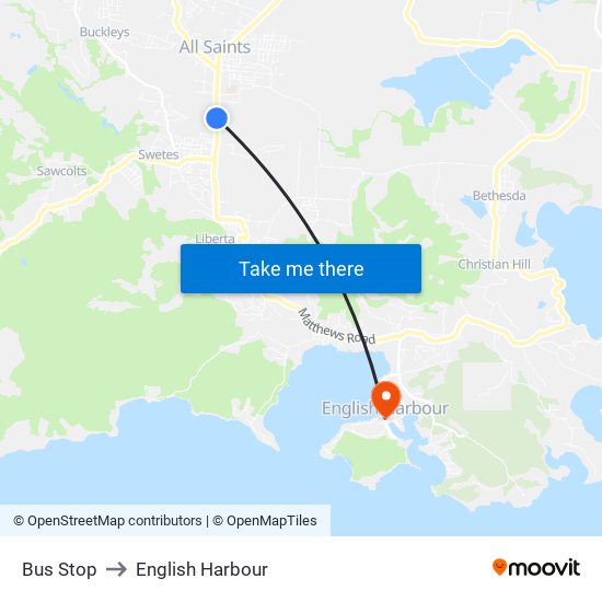 Bus Stop to English Harbour map