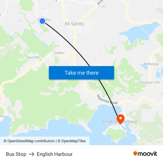 Bus Stop to English Harbour map