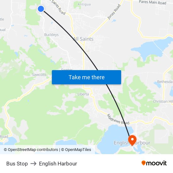 Bus Stop to English Harbour map