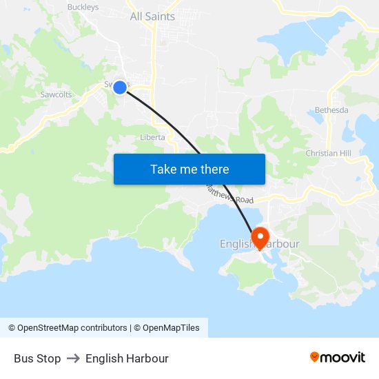 Bus Stop to English Harbour map