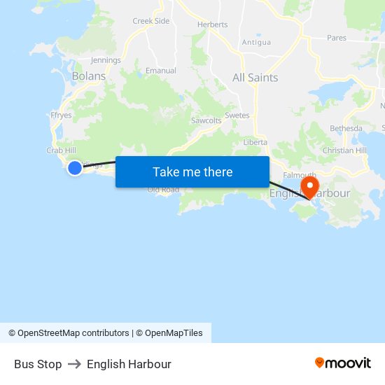 Bus Stop to English Harbour map