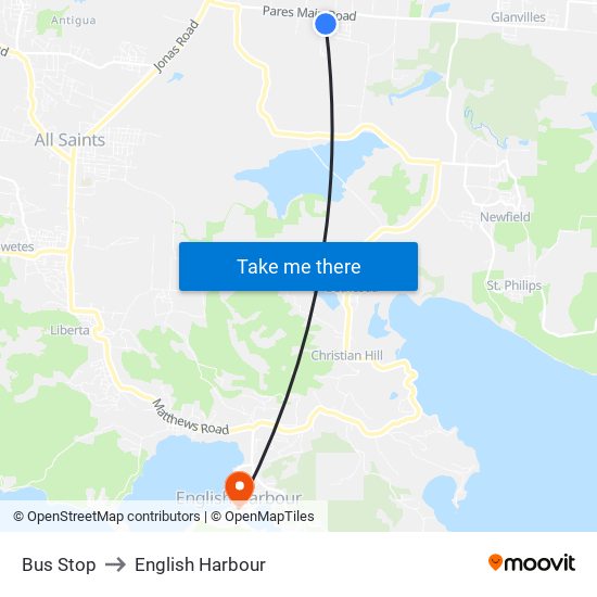 Bus Stop to English Harbour map