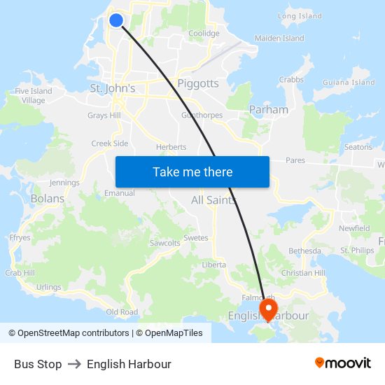 Bus Stop to English Harbour map