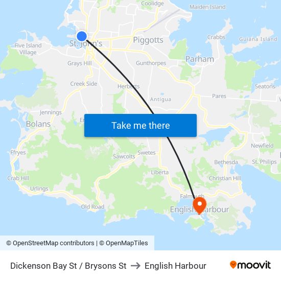 Dickenson Bay St / Brysons St to English Harbour map