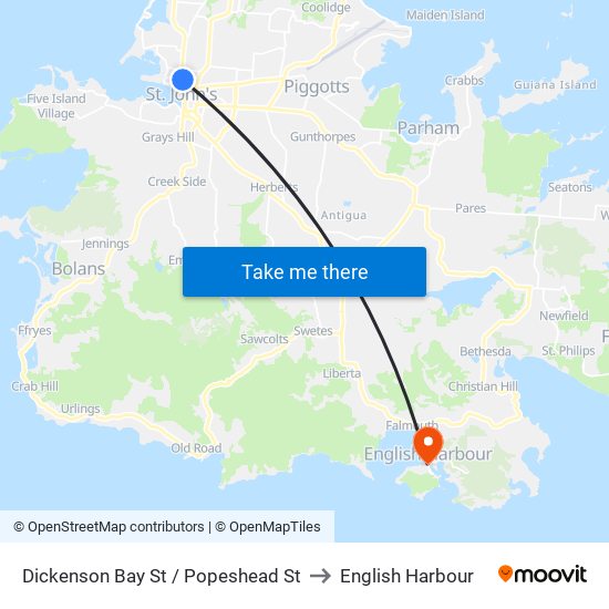 Dickenson Bay St / Popeshead St to English Harbour map