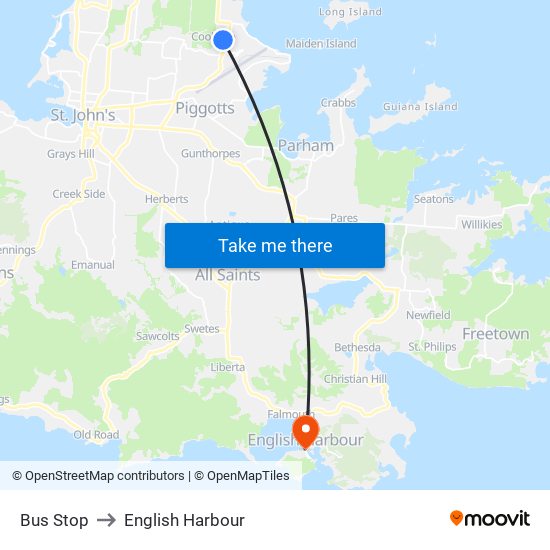 Bus Stop to English Harbour map