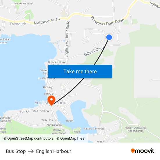 Bus Stop to English Harbour map