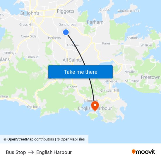 Bus Stop to English Harbour map