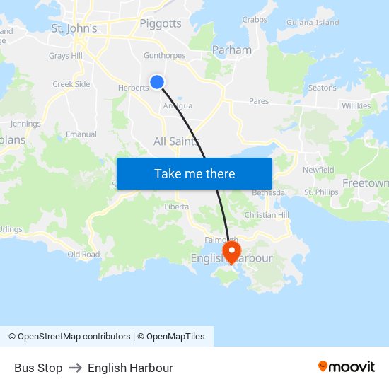 Bus Stop to English Harbour map