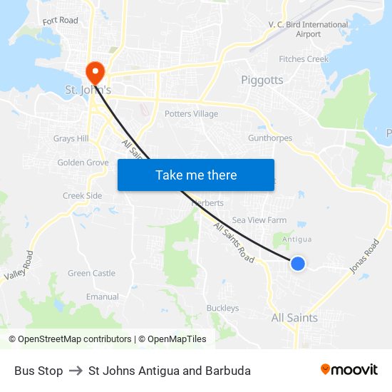 Bus Stop to St Johns Antigua and Barbuda map