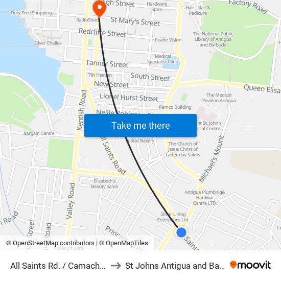 All Saints Rd. / Camacho Ave. to St Johns Antigua and Barbuda map