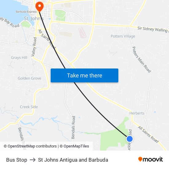 Bus Stop to St Johns Antigua and Barbuda map