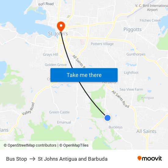 Bus Stop to St Johns Antigua and Barbuda map