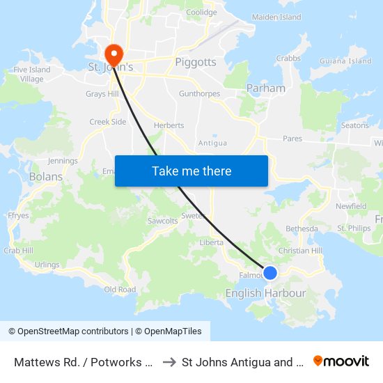 Mattews Rd. / Potworks Dam Dve. to St Johns Antigua and Barbuda map