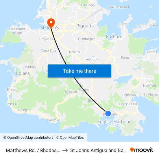 Matthews Rd. / Rhodes Lane to St Johns Antigua and Barbuda map
