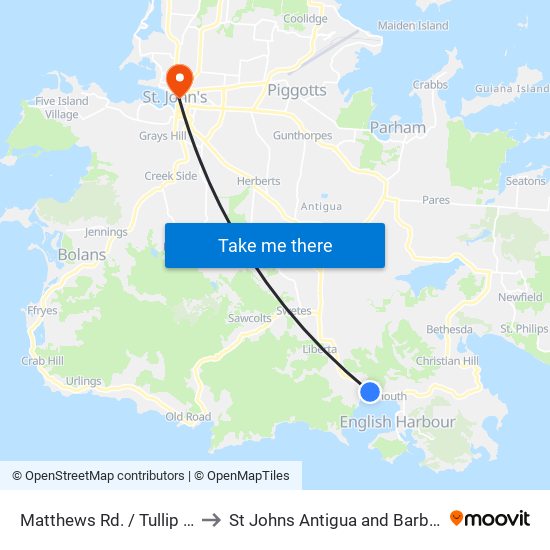 Matthews Rd. / Tullip Rd. to St Johns Antigua and Barbuda map