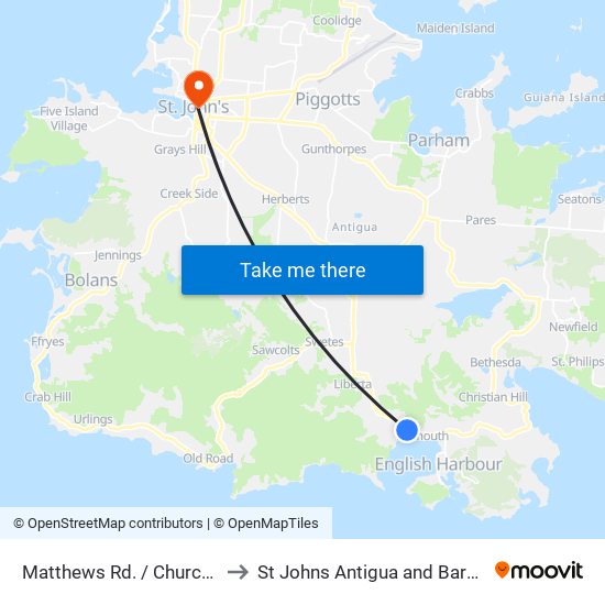 Matthews Rd. / Church St. to St Johns Antigua and Barbuda map