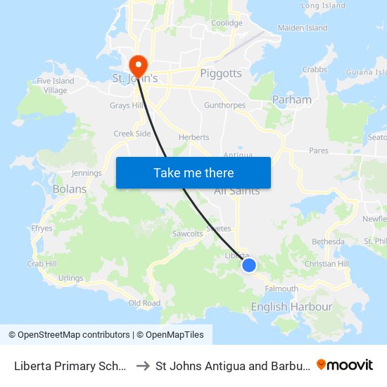 Liberta Primary School to St Johns Antigua and Barbuda map