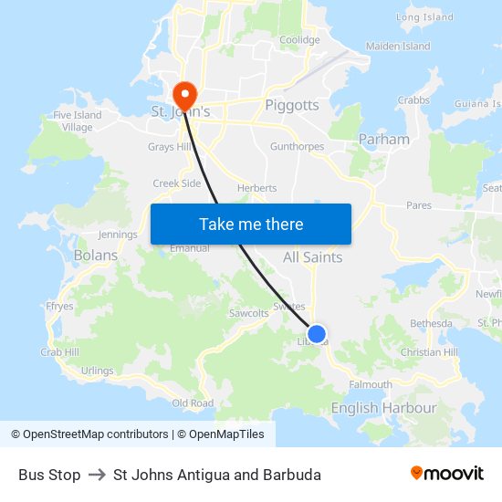 Bus Stop to St Johns Antigua and Barbuda map