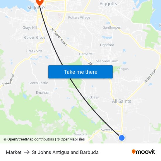 Market to St Johns Antigua and Barbuda map