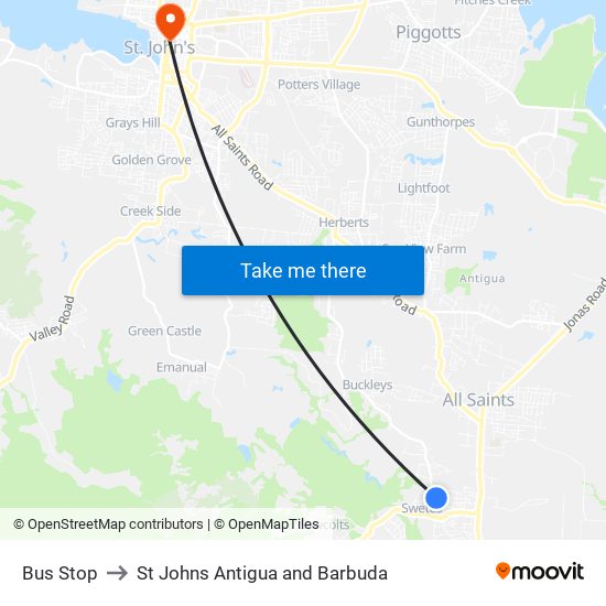 Bus Stop to St Johns Antigua and Barbuda map