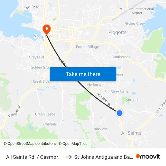 All Saints Rd. / Casmore Lane to St Johns Antigua and Barbuda map