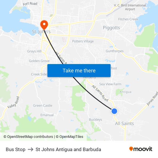 Bus Stop to St Johns Antigua and Barbuda map