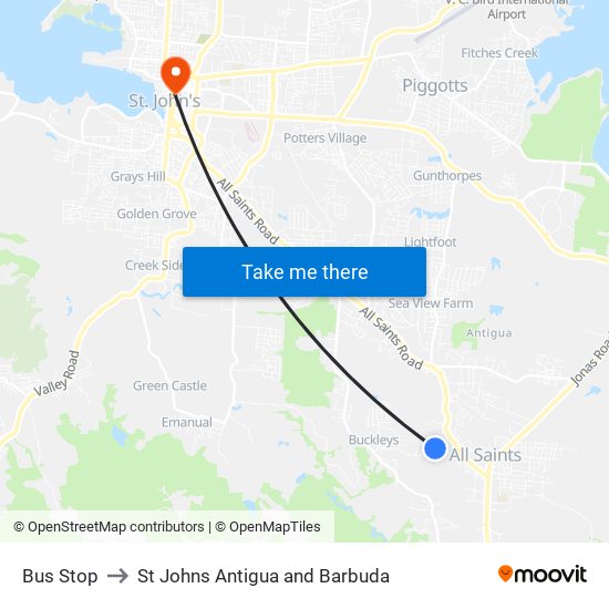 Bus Stop to St Johns Antigua and Barbuda map