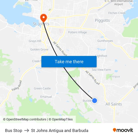 Bus Stop to St Johns Antigua and Barbuda map