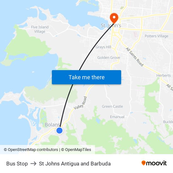 Bus Stop to St Johns Antigua and Barbuda map