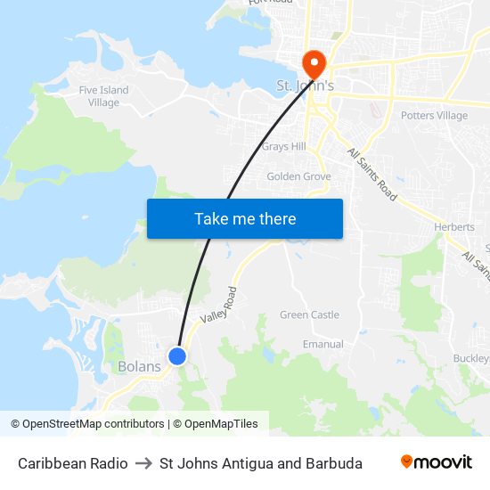 Caribbean Radio to St Johns Antigua and Barbuda map