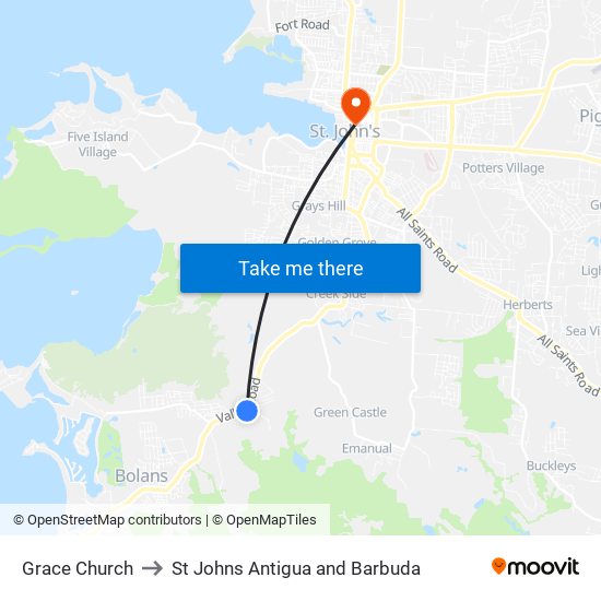 Grace Church to St Johns Antigua and Barbuda map