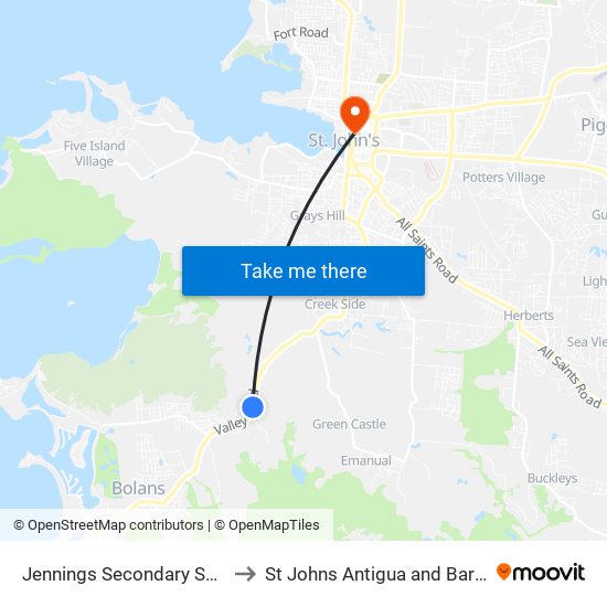 Jennings Secondary School to St Johns Antigua and Barbuda map