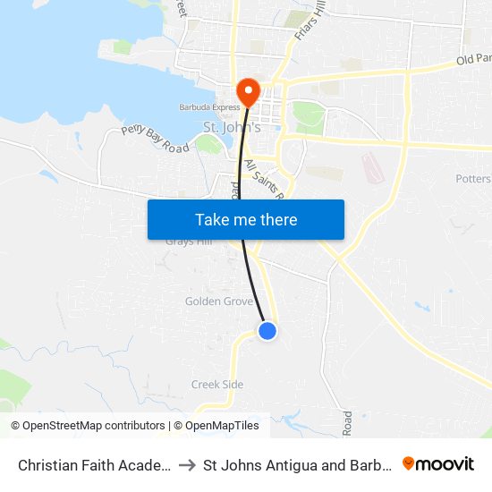 Christian Faith Academy to St Johns Antigua and Barbuda map