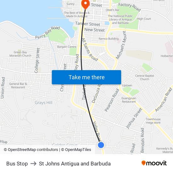 Bus Stop to St Johns Antigua and Barbuda map