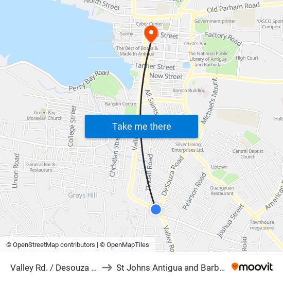 Valley Rd. / Desouza Rd. to St Johns Antigua and Barbuda map