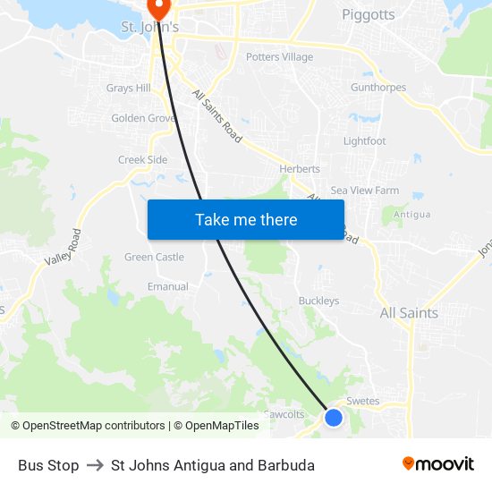 Bus Stop to St Johns Antigua and Barbuda map