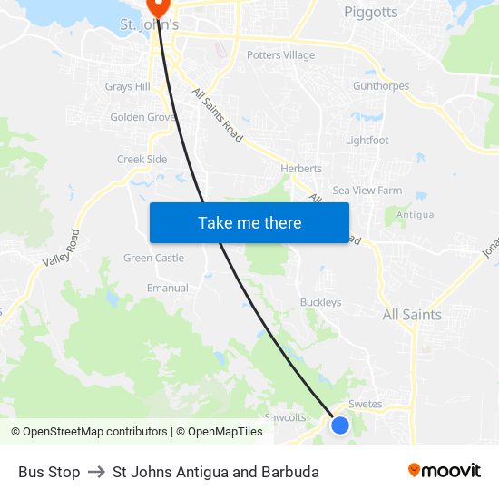 Bus Stop to St Johns Antigua and Barbuda map