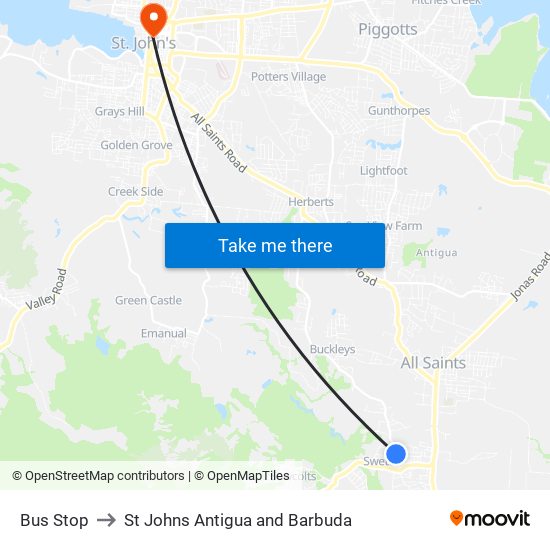 Bus Stop to St Johns Antigua and Barbuda map