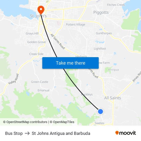 Bus Stop to St Johns Antigua and Barbuda map