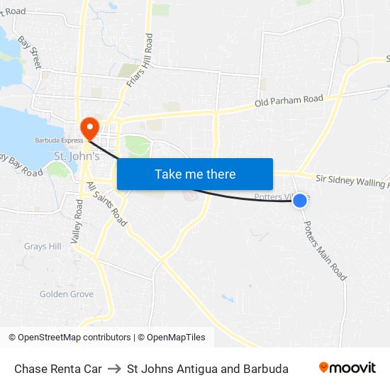 Chase Renta Car to St Johns Antigua and Barbuda map