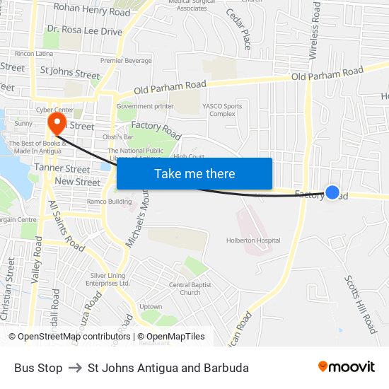 Bus Stop to St Johns Antigua and Barbuda map