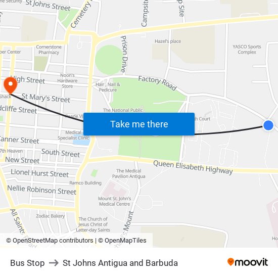 Bus Stop to St Johns Antigua and Barbuda map