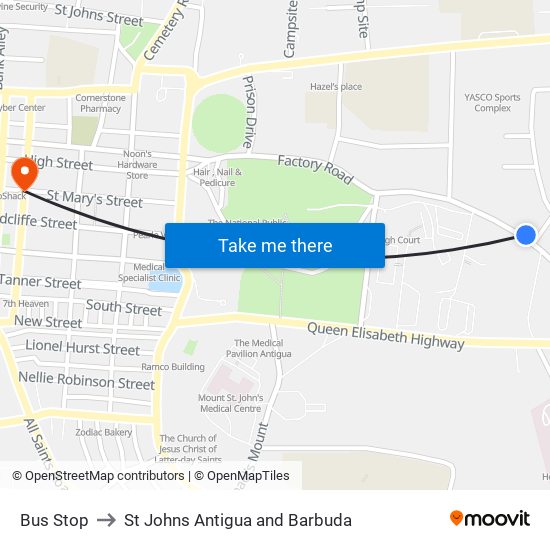 Bus Stop to St Johns Antigua and Barbuda map