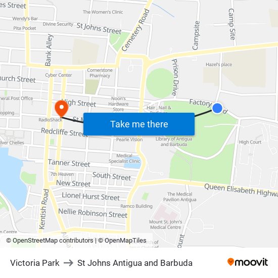 Victoria Park to St Johns Antigua and Barbuda map