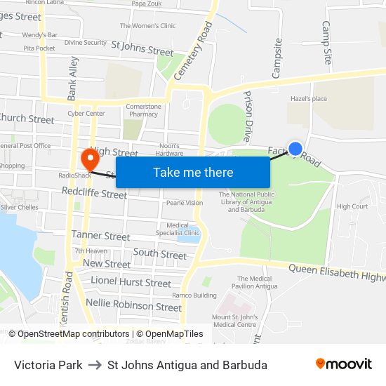 Victoria Park to St Johns Antigua and Barbuda map