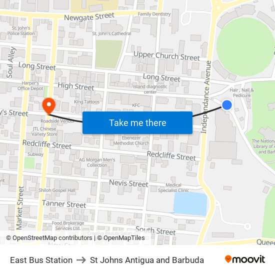 East Bus Station to St Johns Antigua and Barbuda map